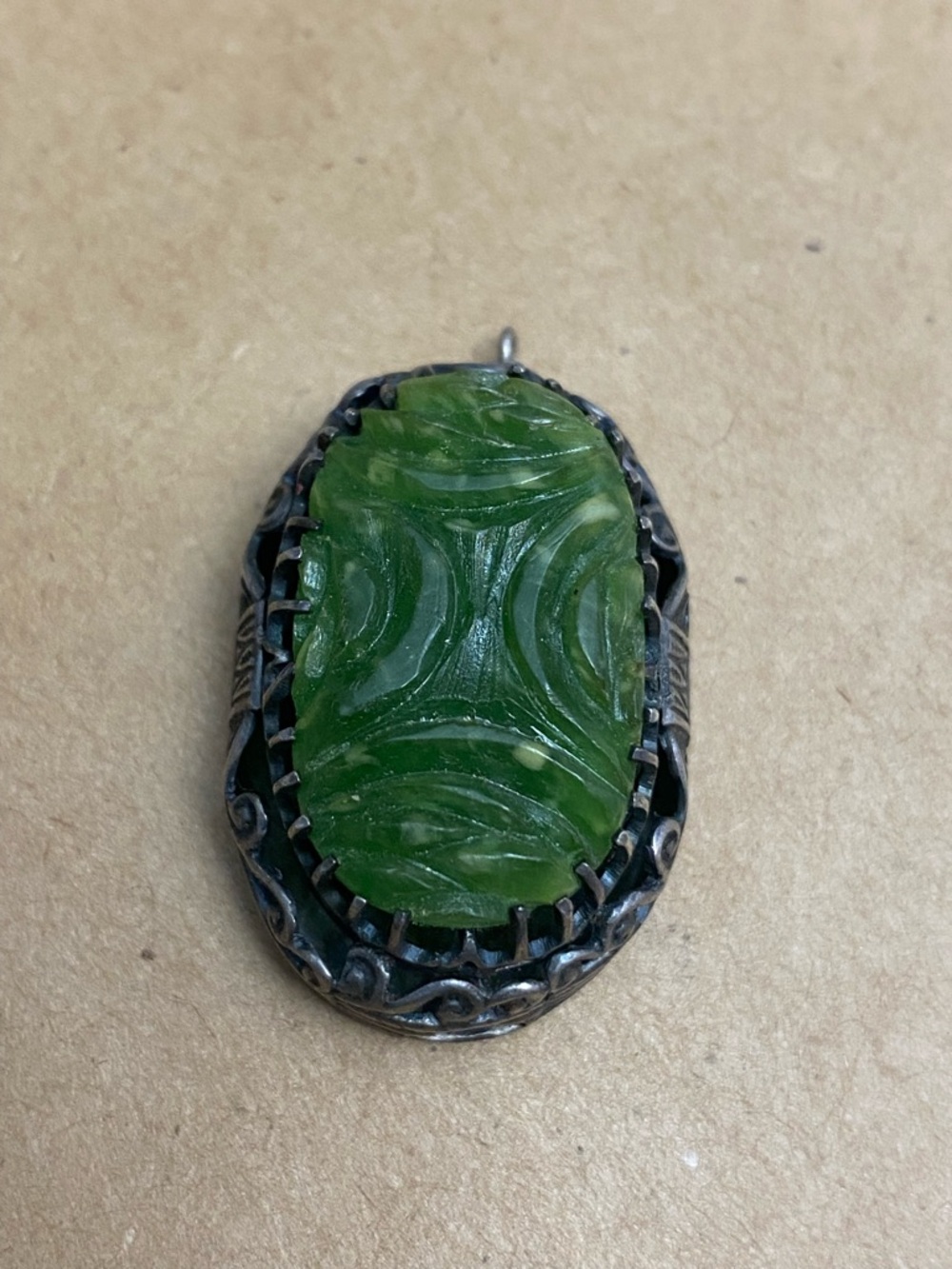 Antique Sterling Silver Chinese Carved Jade pendant